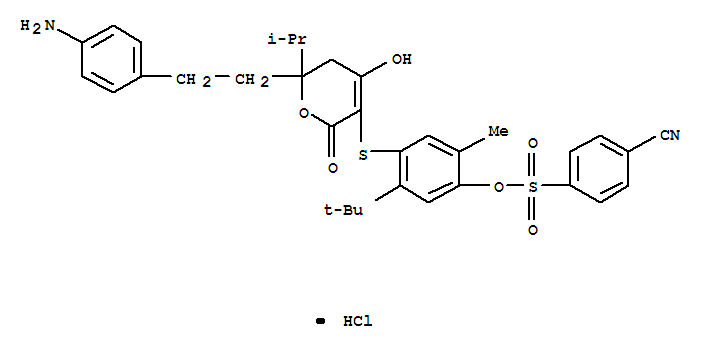 Benzenesulfonic acid,4-cyano-,4-[[6-[2-(4-aminophenyl)ethyl]-5,6-dihydro-4-hydroxy-6-(1-methylethyl)-2-oxo-2H-pyran-3-yl]thio]-5-(1,1-dimethylethyl)-2-methylphenylester, hydrochloride (1:1)