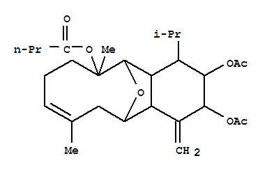 Butanoicacid,2,3-bis(acetyloxy)-1,2,3,4,4a,5,6,7,8,11,12,12a-dodecahydro-6,10-dimethyl-1-methylene-4-(1-methylethyl)-5,12-epoxybenzocyclodecen-6-ylester, [2R-(2R*,3S*,4R*,4aR*,5R*,6R*,9E,12R*,12aR*)]- molecular structure