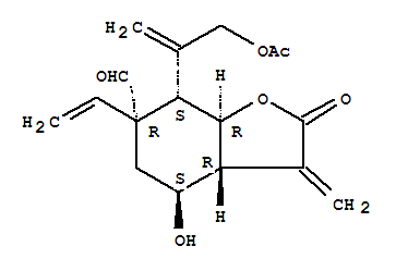 6-Benzofurancarboxaldehyde,7-[1-[(acetyloxy)methyl]ethenyl]-6-ethenyloctahydro-4-hydroxy-3-methylene-2-oxo-,[3aR-(3aa,4a,6b,7b,7ab)]- molecular structure