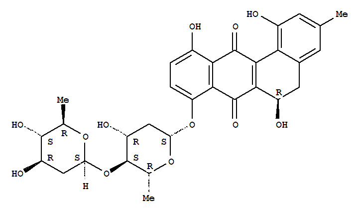 Benz[a]anthracene-7,12-dione,8-[[2,6-dideoxy-4-O-(2,6-dideoxy-b-D-arabino-hexopyranosyl)-b-D-arabino-hexopyranosyl]oxy]-5,6-dihydro-1,6,11-trihydroxy-3-methyl-,(R)- molecular structure