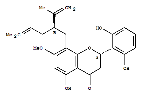4H-1-Benzopyran-4-one,2-(2,6-dihydroxyphenyl)-2,3-dihydro-5-hydroxy-7-methoxy-8-[(2R)-5-methyl-2-(1-methylethenyl)-4-hexen-1-yl]-,(2S)- molecular structure