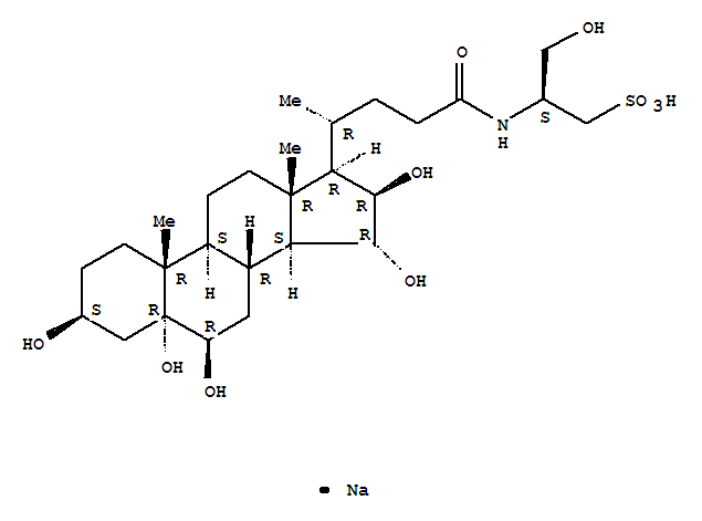 1-Propanesulfonicacid, 3-hydroxy-2-[[(3b,5a,6b,15a,16b)-3,5,6,15,16-pentahydroxy-24-oxocholan-24-yl]amino]-,monosodium salt, (S)- molecular structure