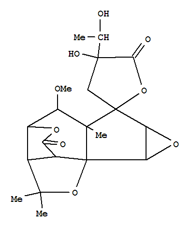 Spiro[5,1b,4-(epoxyethanylylidene)-1bH-oxireno[4,5]cyclopent[1,2-b]oxepin-7(3H),2'(5'H)-furan]-5',9-dione,octahydro-4'-hydroxy-4'-(1-hydroxyethyl)-6-methoxy-3,3,6a-trimethyl-, [1aa,1ba,4a,5a,6a,6ab,7b[S*(S*)],7aa,10R*]-(-)- molecular structure