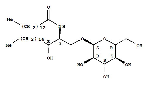 Tetradecanamide,N-[1-[(a-D-glucopyranosyloxy)methyl]-2-hydroxyheptadecyl]-,[R-(R*,S*)]- molecular structure