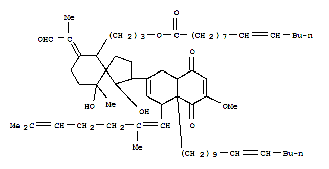 9-Tetradecenoicacid,3-[2-[4-(2,6-dimethyl-1,5-heptadienyl)-1,4,4a,5,8,8a-hexahydro-6-methoxy-5,8-dioxo-4a-(10-pentadecenyl)-2-naphthalenyl]-1,10-dihydroxy-10-methyl-7-(1-methyl-2-oxoethylidene)spiro[4.5]dec-6-yl]propylester, [1R-[1a,2a[4R*(E),4aS*(Z),8aR* molecular structure