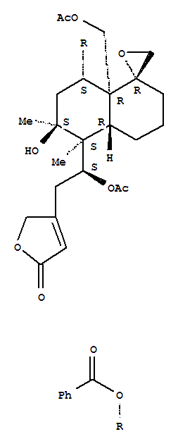 2(5H)-Furanone,4-[2-(acetyloxy)-2-[8a-[(acetyloxy)methyl]-8-(benzoyloxy)octahydro-6-hydroxy-5,6-dimethylspiro[naphthalene-1(2H),2'-oxiran]-5-yl]ethyl]-,[1R-[1a,4ab,5b(S*),6b,8a,8aa]]- molecular structure