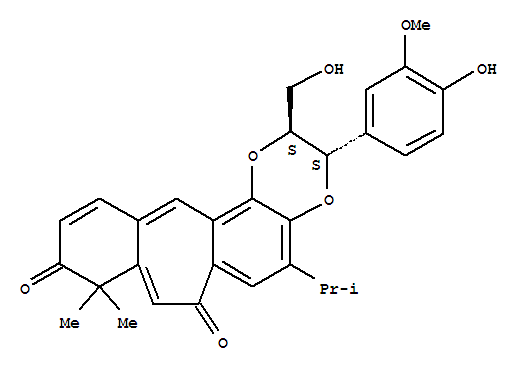 7H-Benzo[5',6']cyclohepta[1',2':3,4]benzo[1,2]-1,4-dioxin-7,10(9H)-dione,2,3-dihydro-3-(4-hydroxy-3-methoxyphenyl)-2-(hydroxymethyl)-9,9-dimethyl-5-(1-methylethyl)-,(2S,3S)- molecular structure