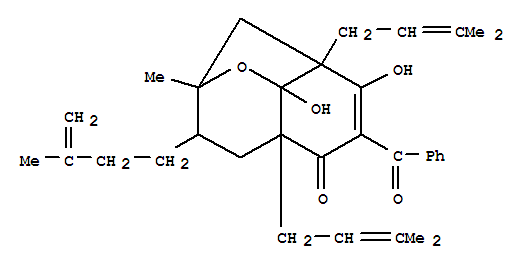 2,8-Methano-5H-1-benzopyran-5-one,6-benzoyl-2,3,4,4a,8,8a-hexahydro-7,8a-dihydroxy-2-methyl-4a,8-bis(3-methyl-2-butenyl)-3-(3-methyl-3-butenyl)-,[2R-(2a,3a,4ab,8a,8ab)]- molecular structure