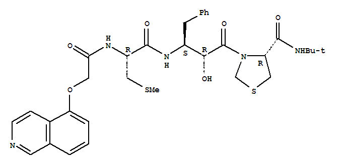 4-Thiazolidinecarboxamide,N-(1,1-dimethylethyl)-3-[(2R,3S)-2-hydroxy-3-[[(2R)-2-[[2-(5-isoquinolinyloxy)acetyl]amino]-3-(methylthio)-1-oxopropyl]amino]-1-oxo-4-phenylbutyl]-,(4R)- molecular structure