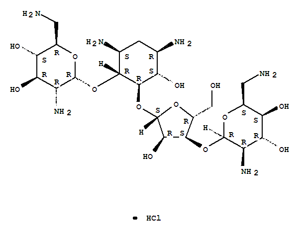 (1R,2R,3S,4R,6S)-4,6-diamino-2-{[3-O-(2,6-diamino-2,6-dideoxy-beta-L-idopyranosyl)-beta-D-ribofuranosyl]oxy}-3-hydroxycyclohexyl 2,6-diamino-2,6-dideoxy-alpha-D-glucopyranoside hydrochloride (1:1) molecular structure