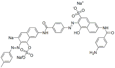 7-[(4-Aminobenzoyl)amino]-4-hydroxy-3-[[4-[[8-hydroxy-7-[(4-methylphenyl)azo]-6-sodiosulfo-2-naphthalenyl]aminocarbonyl]phenyl]azo]naphthalene-2-sulfonic acid sodium salt molecular structure