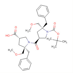 1-Pyrrolidinecarboxylic acid,4-[[(2S,4S)-4-carboxy-2-(methoxymethyl)-2-(phenylmethyl)-1-pyrrolidinyl]carbonyl]-2-(methoxymethyl)-2-(phenylmethyl)-, 1-(1,1-dimethylethyl)ester, (2S,4S)- molecular structure