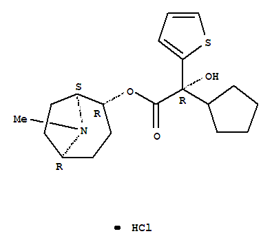 (1S,2R,5S)-8-methyl-8-azabicyclo[3.2.1]oct-2-yl (2R)-cyclopentyl(hydroxy)thiophen-2-ylethanoate hydrochloride molecular structure