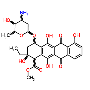 1-Naphthacenecarboxylic acid, 4-[(3-amino-2,3, 6-trideoxy-.alpha.-L-lyxo-hexopyranosyl)oxy]-2-ethyl-1,2,3,4,6, 11-hexahydro-2,5,7,12-tetrahydroxy-6,11-dioxo-, methyl ester, hydrochloride, [1R-(1.alpha molecular structure