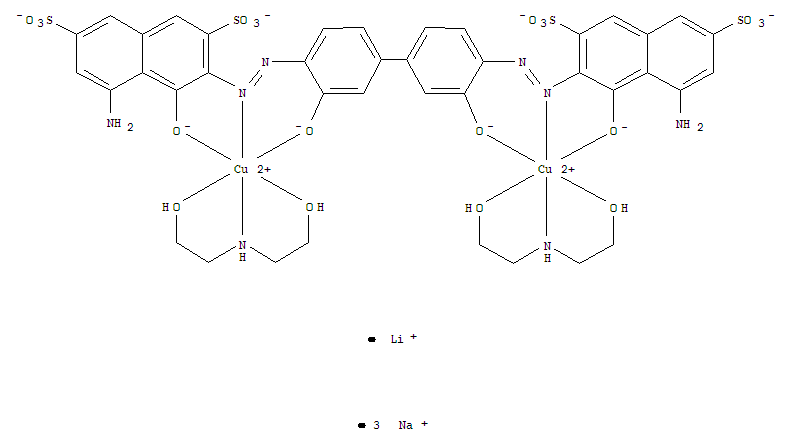 CUPRATE(4-),[.MU.-[[3,3'-[(3,3'-DI(HYDROXY-.KAPPA.O)[1,1'-BIPHENYL]-4,4'-DIYL)BIS(AZO-.KAPPA.N1)]BIS[5-AMINO-4-(HYDROXY-.KAPPA.O)-2,7-NAPHTHALENEDISULFONATO]](8-)]]BIS[2,2'-(IMINO-.KAPPA.N)BIS[ETHANOL-.KAPPA.O]]DI-,LITHIUM TRISODIUM molecular structure