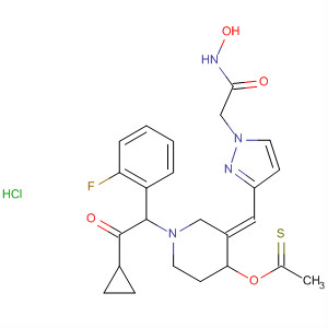 Ethanethioic acid,S-[(3E)-1-[2-cyclopropyl-1-(2-fluorophenyl)-2-oxoethyl]-3-[[1-[2-(hydroxyamino)-2-oxoethyl]-1H-pyrazol-3-yl]methylene]-4-piperidinyl] ester,monohydrochloride molecular structure