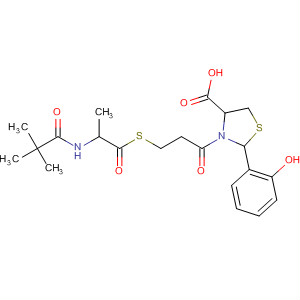 4-Thiazolidinecarboxylic acid,3-[3-[[2-[(2,2-dimethyl-1-oxopropyl)amino]-1-oxopropyl]thio]-1-oxopropyl]-2-(2-hydroxyphenyl)- molecular structure