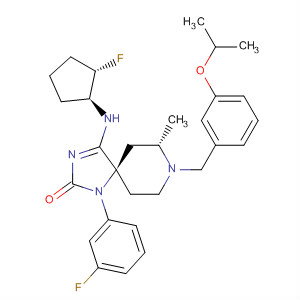 1,3,8-Triazaspiro[4.5]dec-3-en-2-one,4-[[(1S,2S)-2-fluorocyclopentyl]amino]-1-(3-fluorophenyl)-7-methyl-8-[[3-(1-methylethoxy)phenyl]methyl]-, (5R,7S)- molecular structure